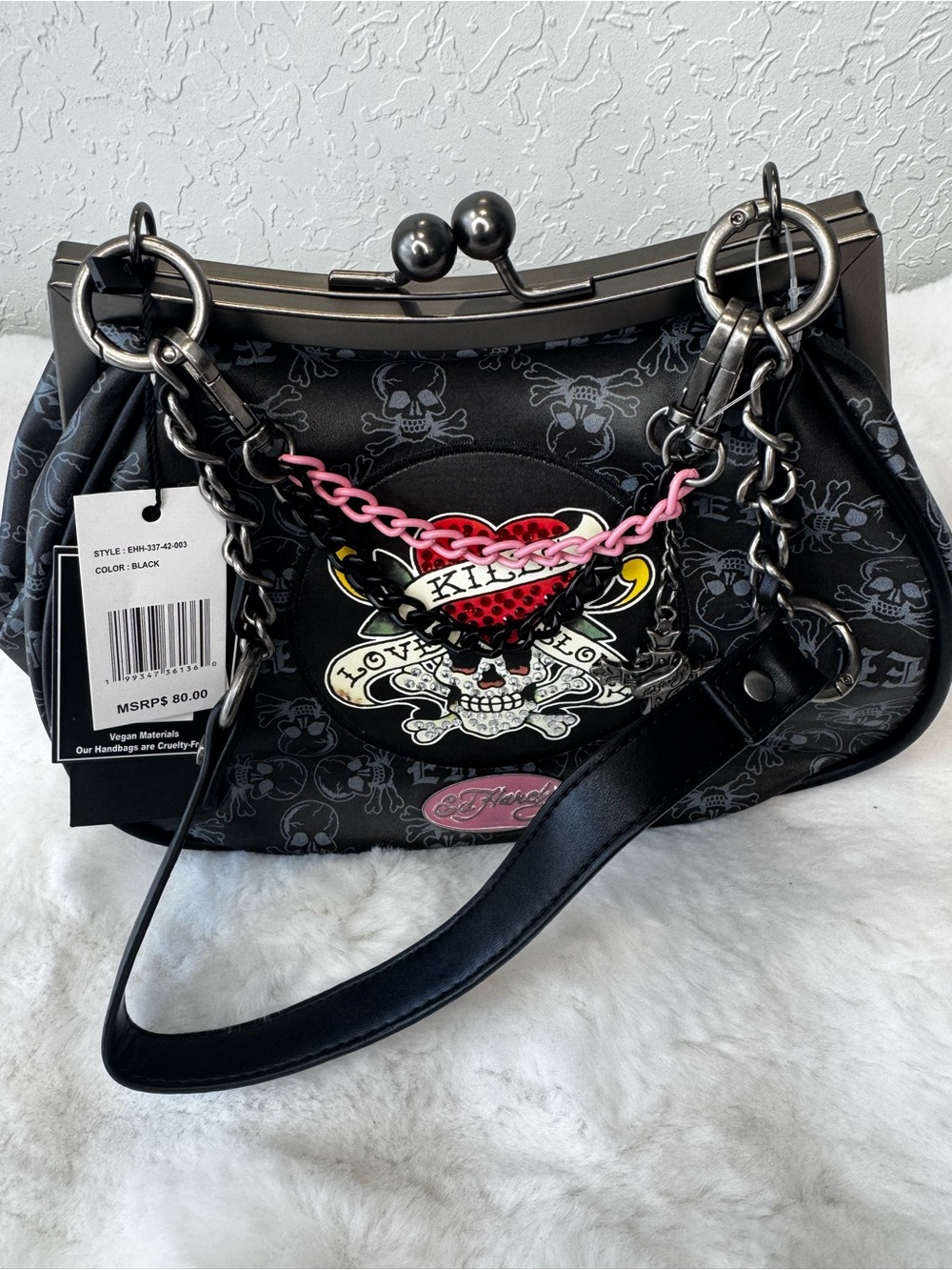 Ed Hardy Black Skull Heart Frame-Top Shoulder Bag